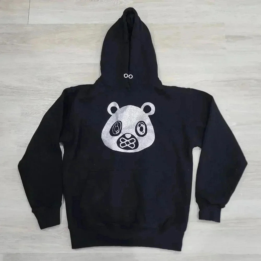 Sun Tees Womens Fleece Glitter Panda Face Streetwear Hoodie Black Silver Small